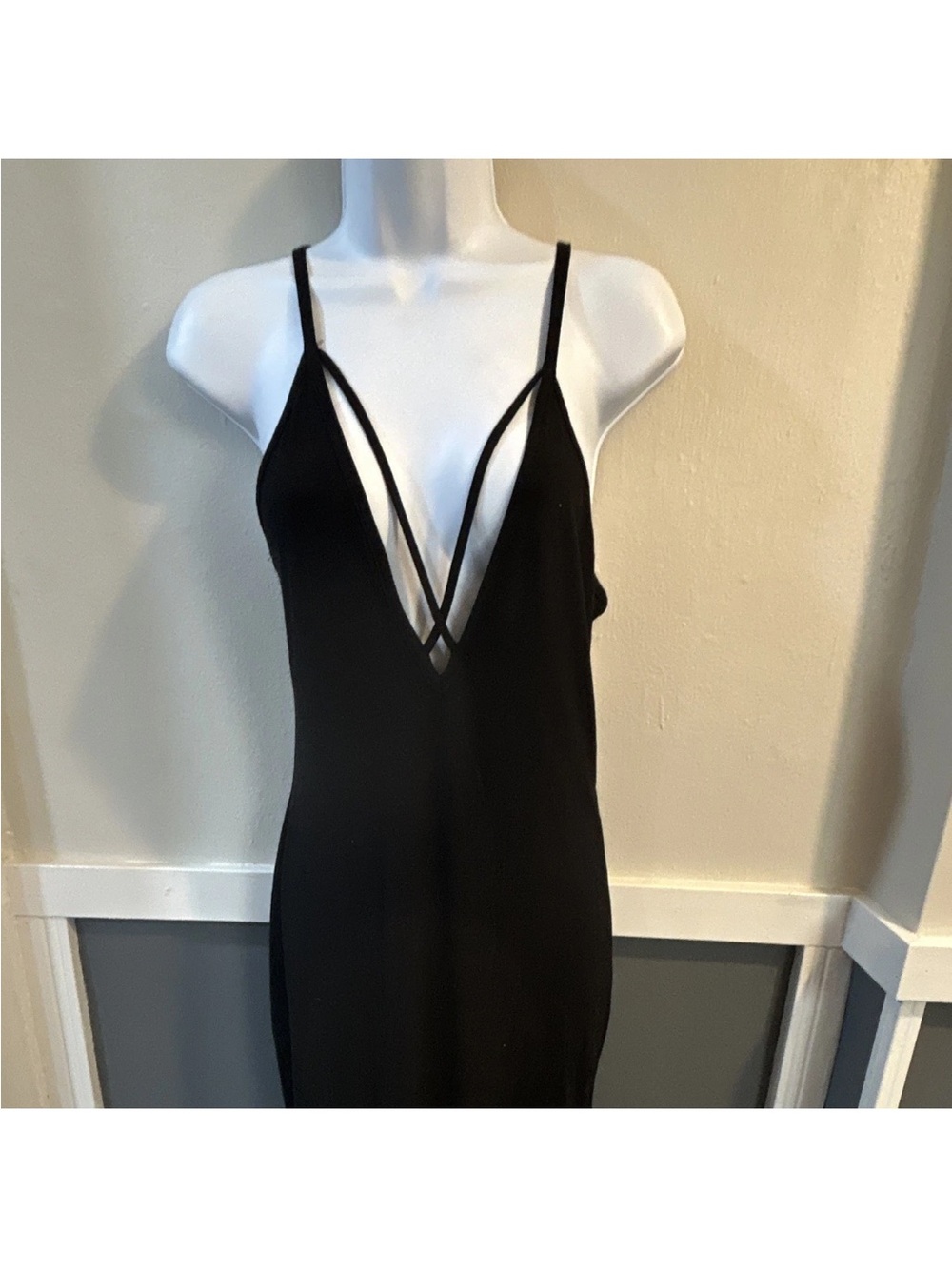 Black Strappy V-Neck Women's  long Dress
